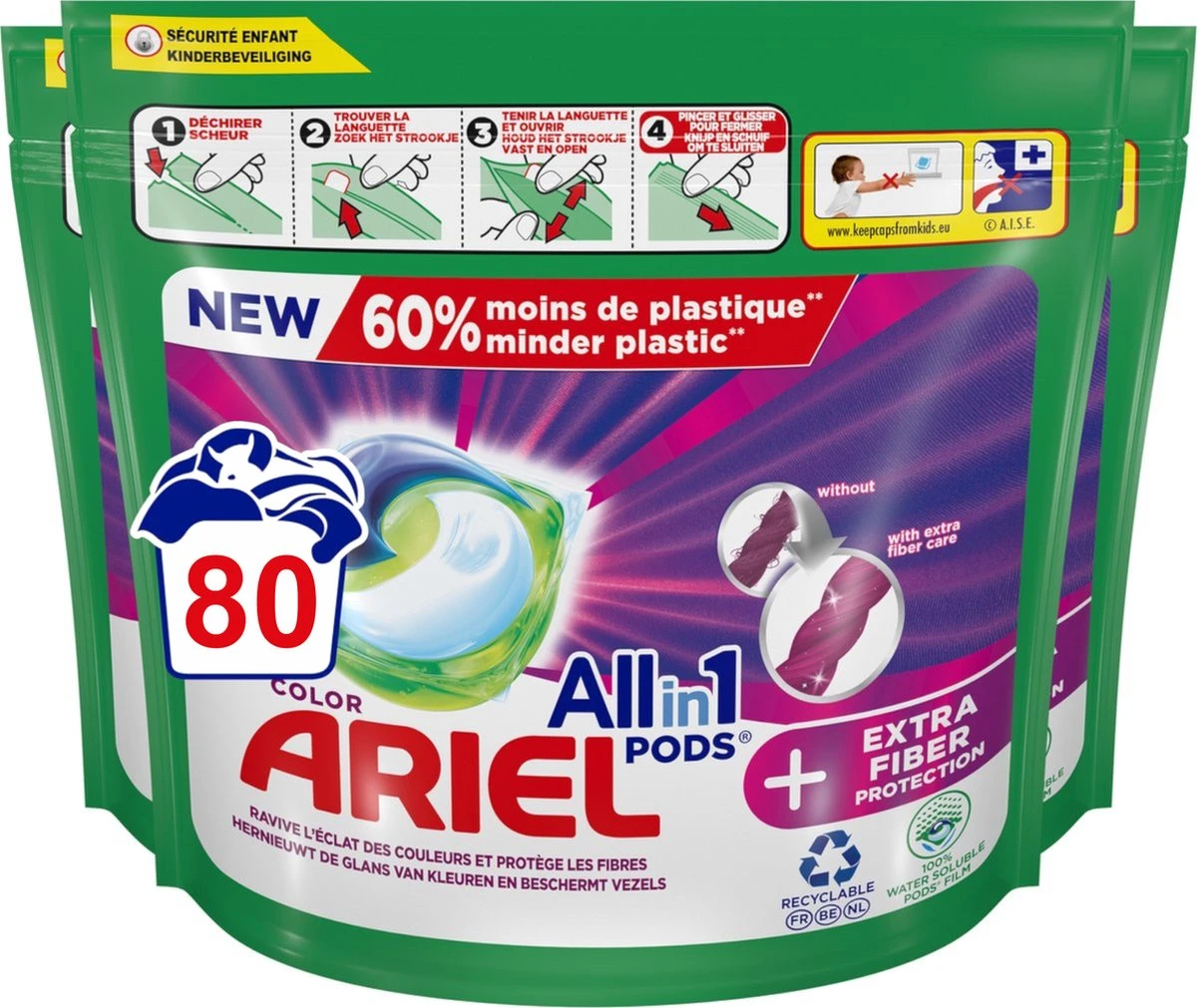 Ariel All In 1 Wasmiddel Pods + Extra Vezelbescherming - Voordeelverpakking 2x40 Wasbeurten